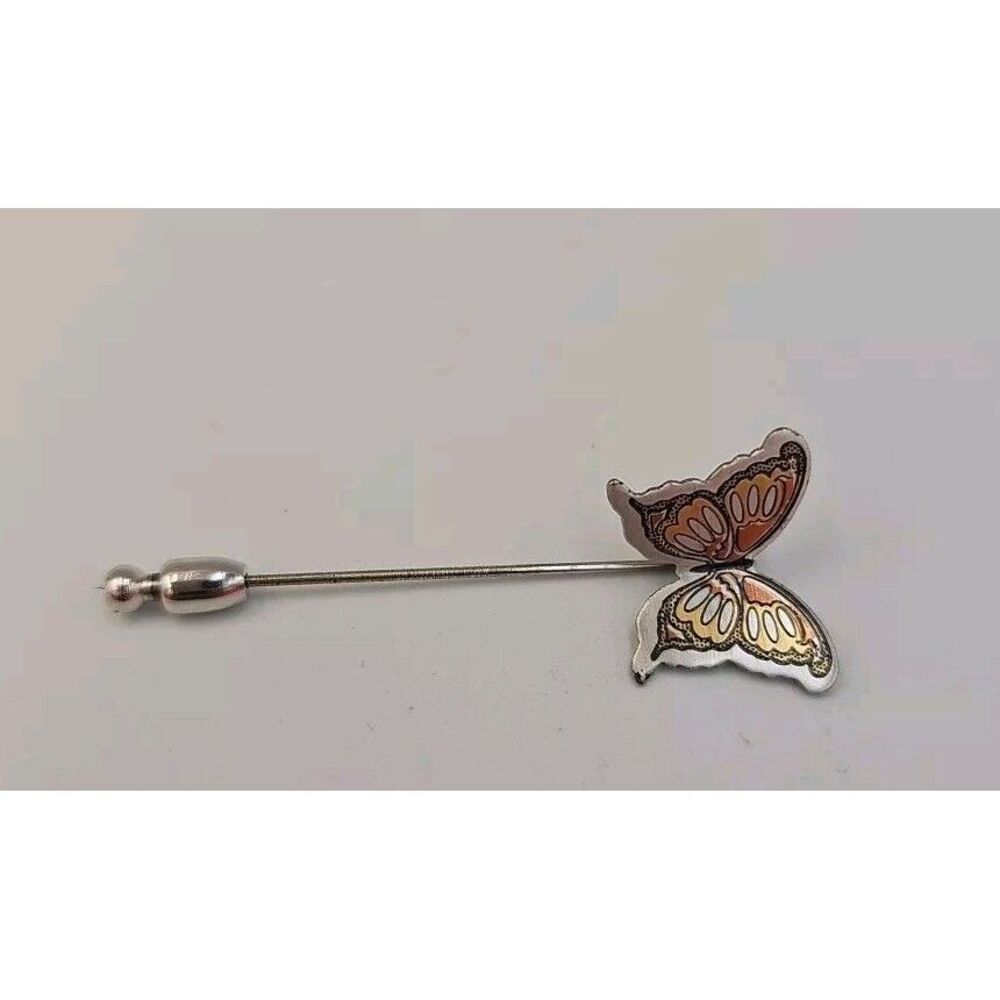 Vintage Reed and Barton Silver Tone Metal Damascene Butterfly Stick Pin Brooch
